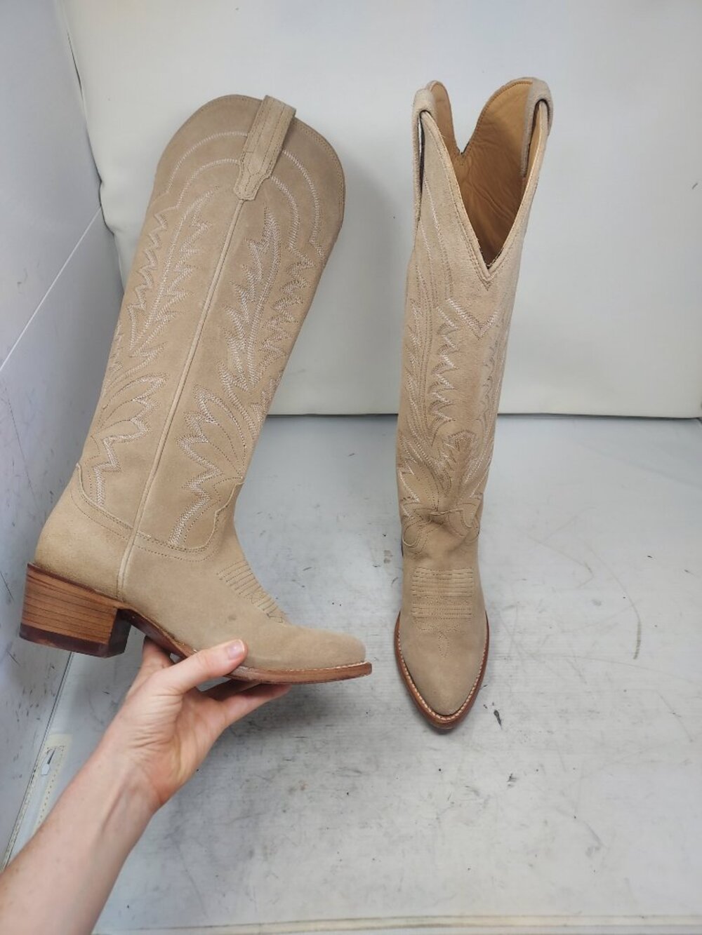 Tecovas WOMENS Driftwood Beige Suede Tall The Abby Western Cowboy Boot